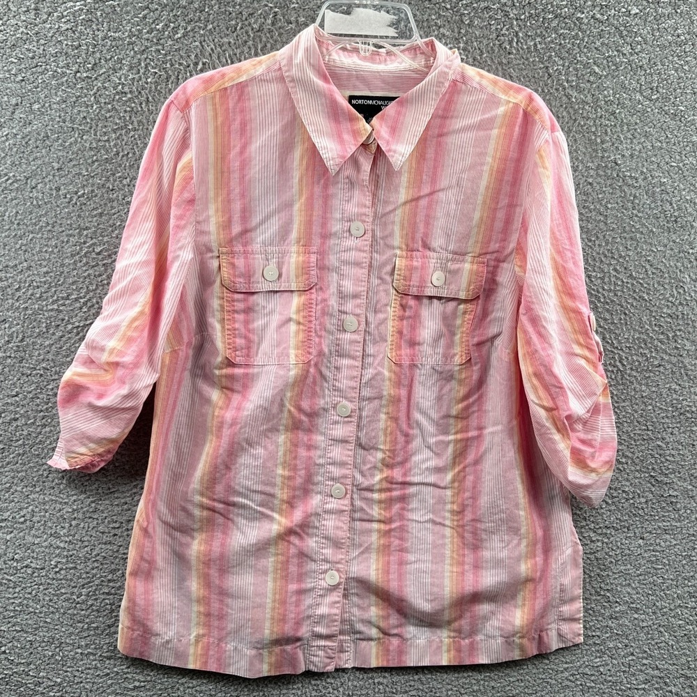 Women Cotton Stripe Button Up Shirt 2X Pastel Cottage Casual Coastal Relaxed Top